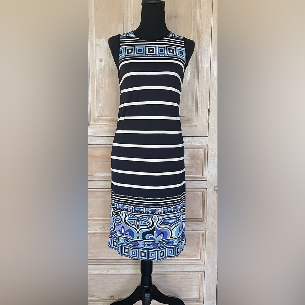 Emilio Pucci Sleeveless Shift Dress- Black, White & Blue Geometric Print